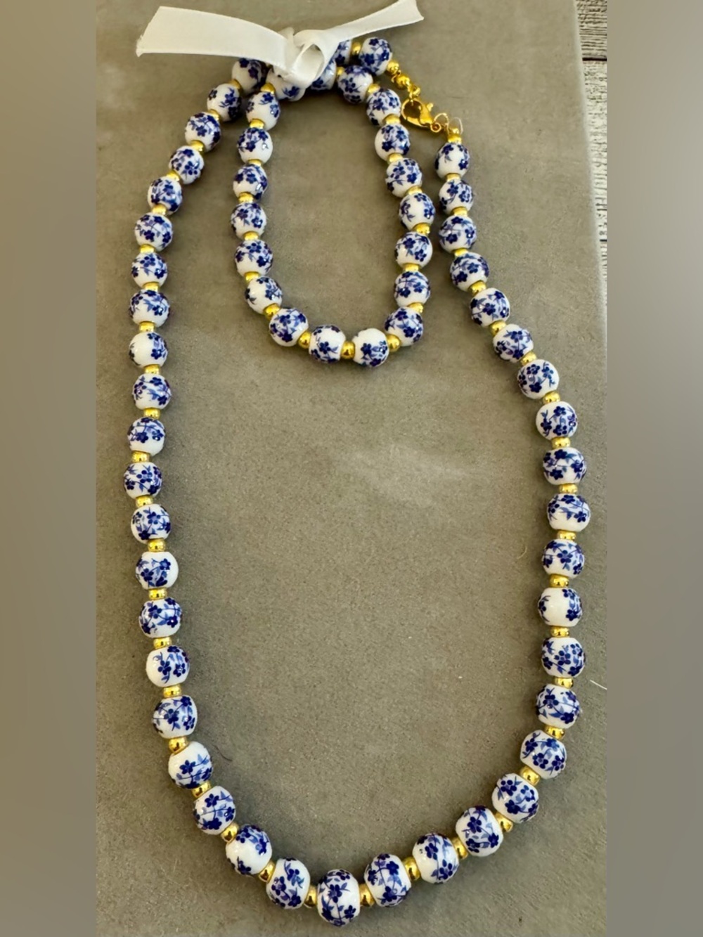 Blue & White Floral Bead Necklace with Gold Accents & matching bracelet